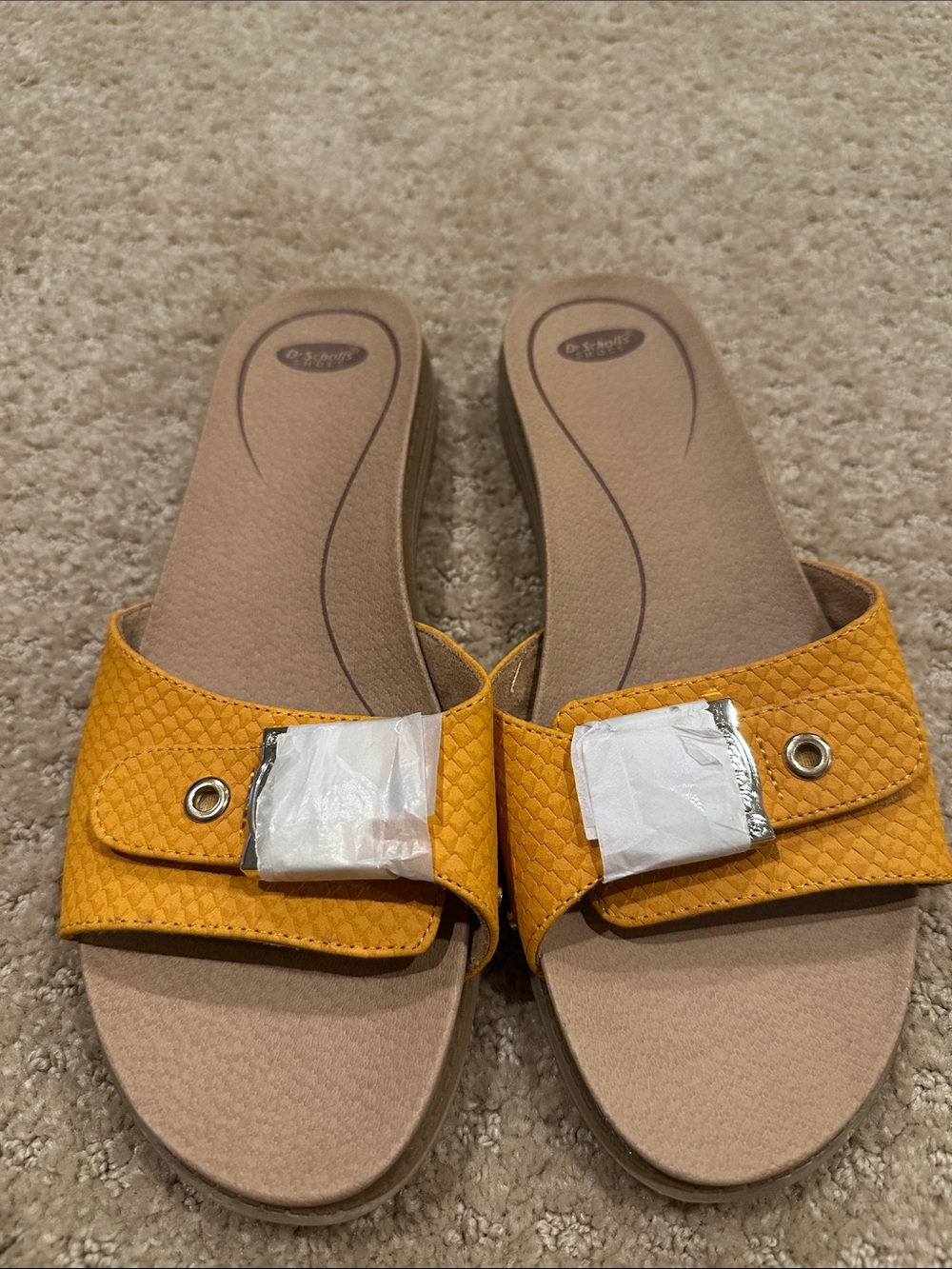 Dr. Scholl's Mustard Yellow Slide Sandals with Buckle Detail